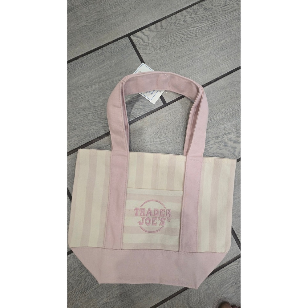 Trader Joe's Mini Canvas Tote Bag Pink Striped Limited Edition Reusable Grocery